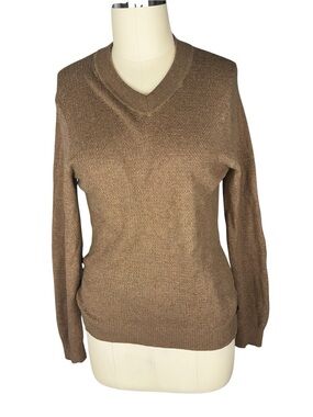 Tasso Elba Cotton Cashmere V-Neck Sweater Faux Suede Elbow Patches Brown M